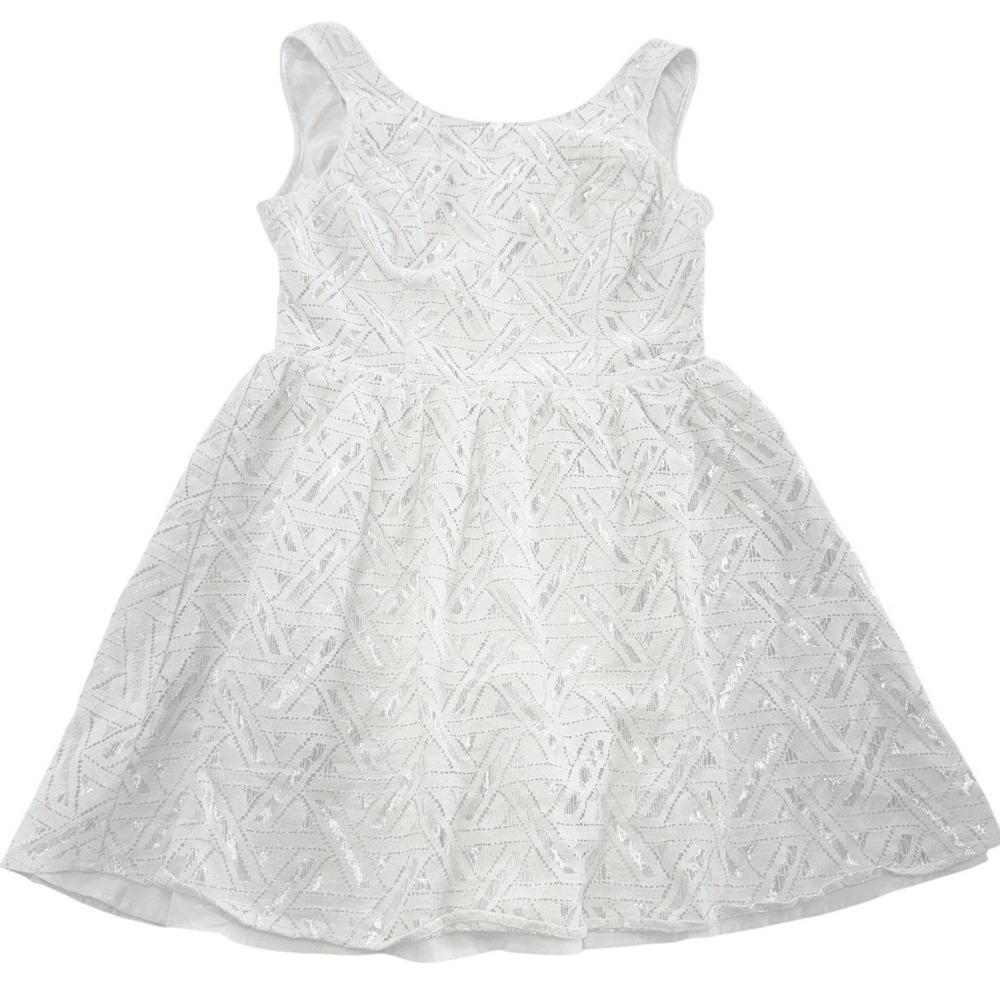 En Crème Dress Women Large White Silver Metallic Fit Flare‎ Geometric Cutout